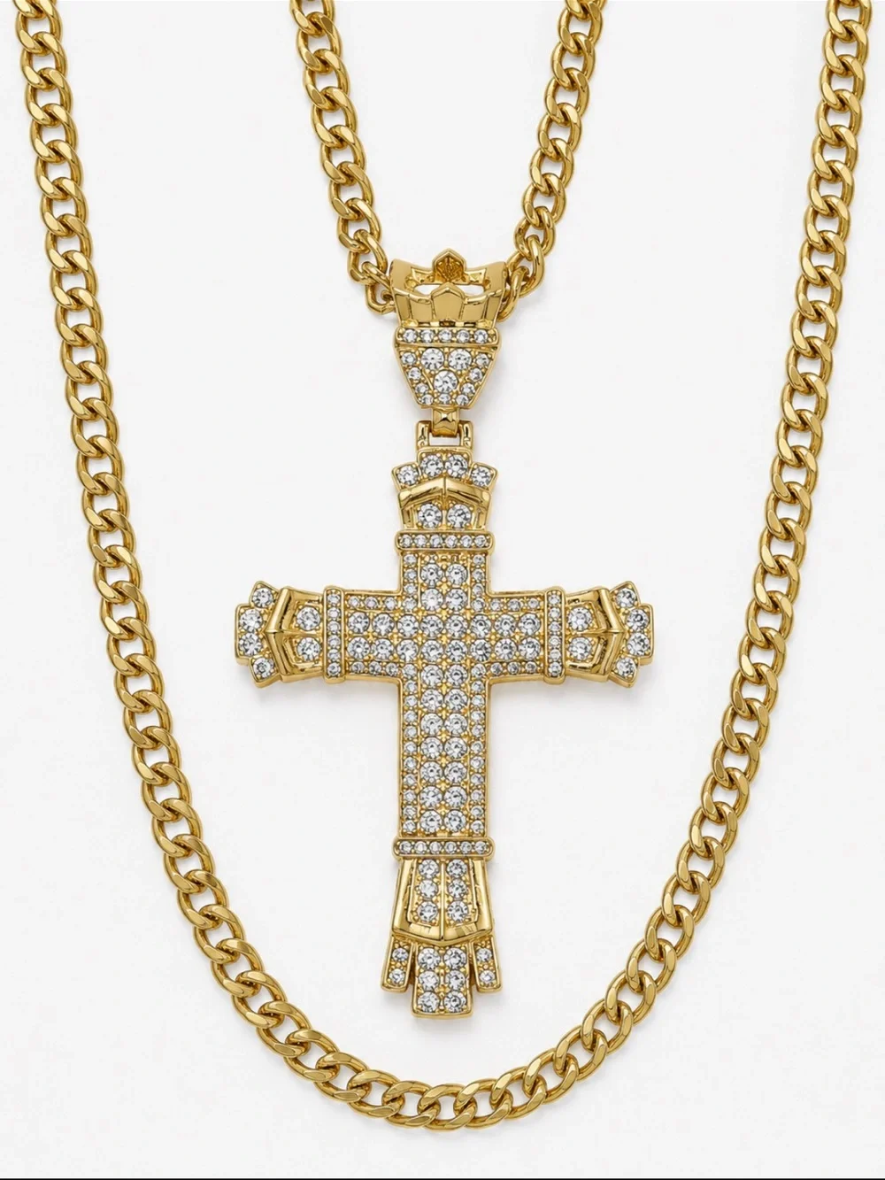 18K Gold Iced Out Cross Pendant Simulated Diamond Necklace Cuban Chain HipHop